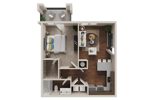 Floor plan for 1 bed, 1 bath, 667 sqft